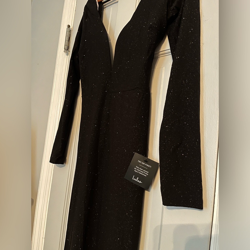 Lulus Glamorous In Glitter Black Long Sleeve Backless Gown - Size M - Picture 3 of 5